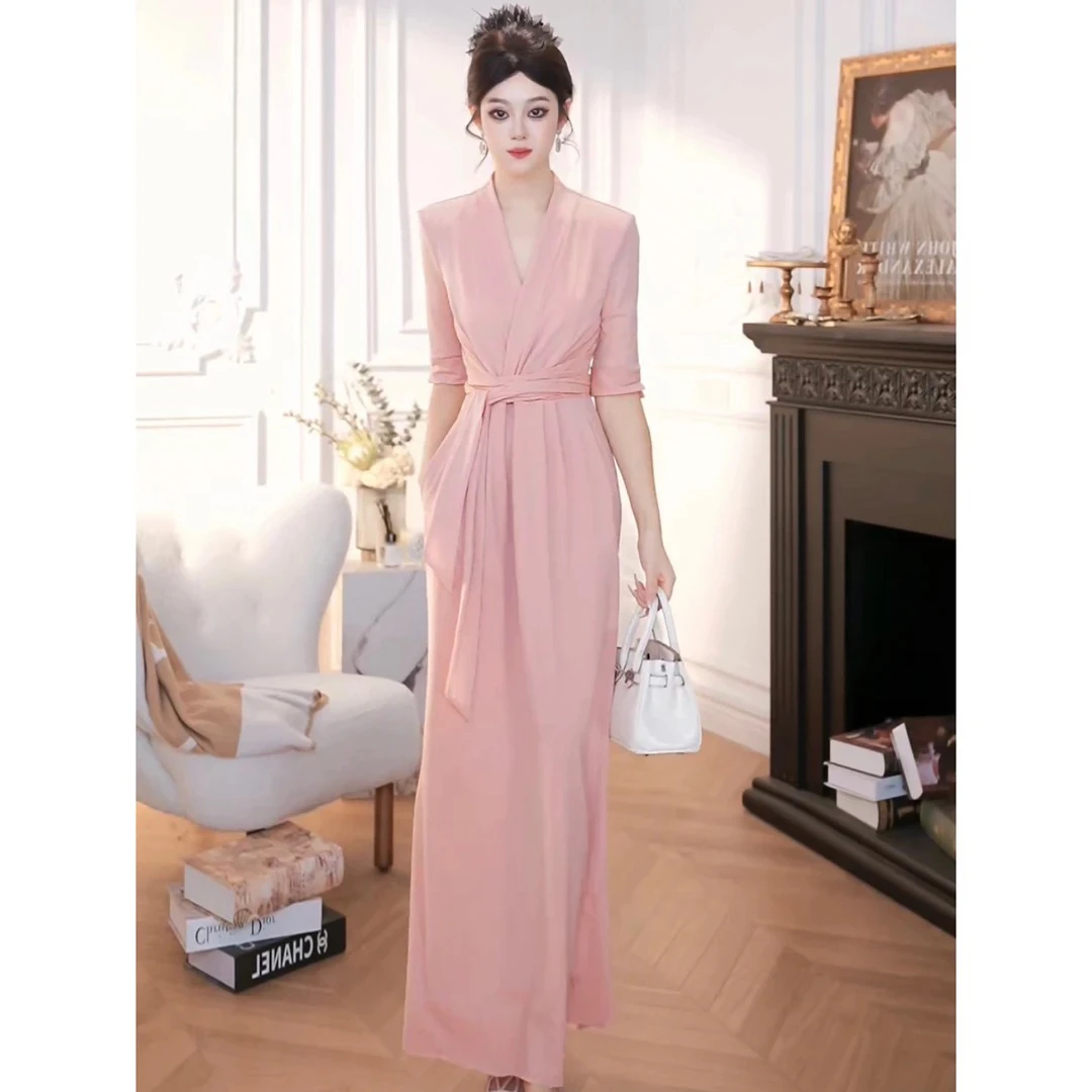 ZHAOMU V领中袖宽松显瘦遮肉法式收腰气质连衣裙