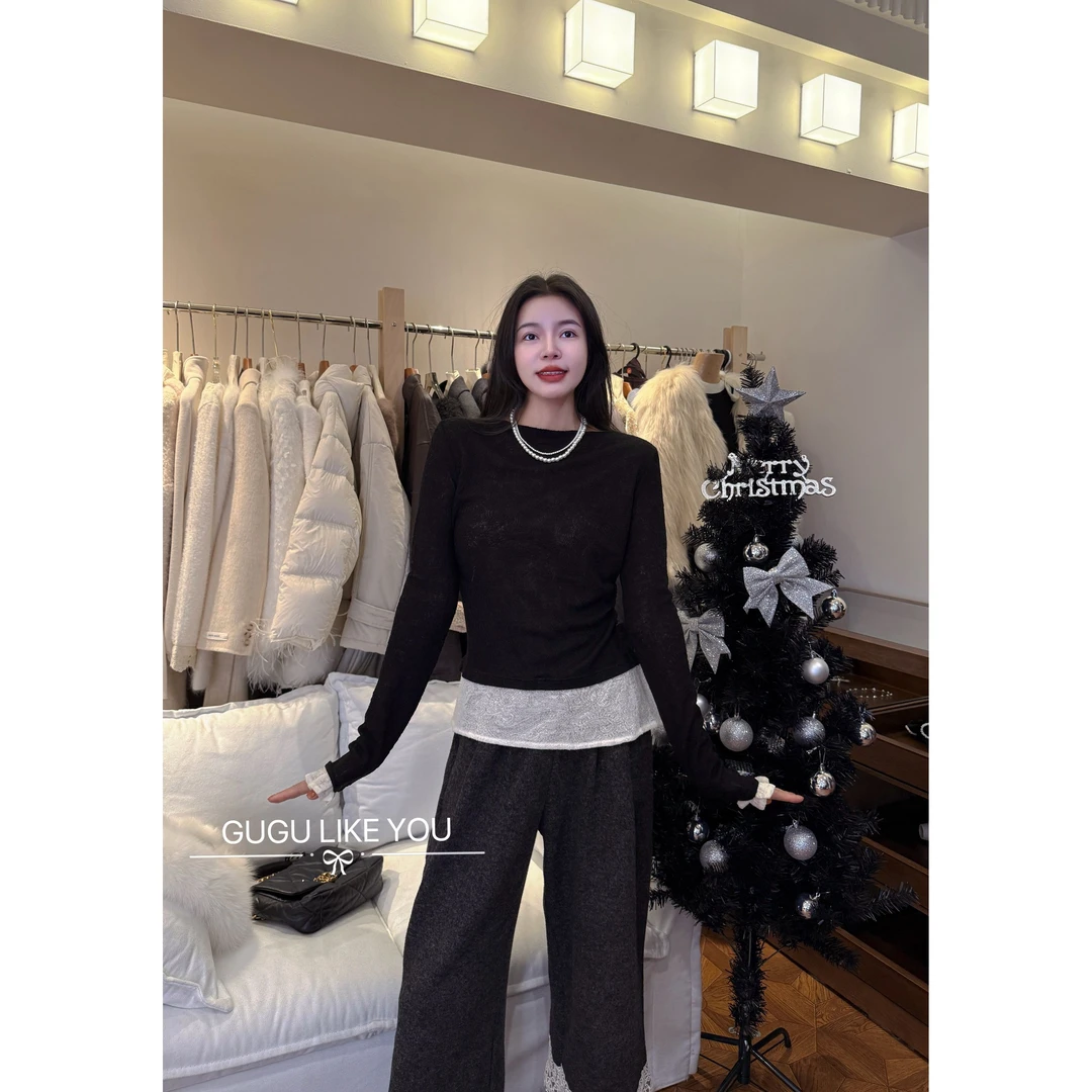 【古古】12.13新款超细羊毛韩系百搭显瘦假两件圆领打底T恤G24682