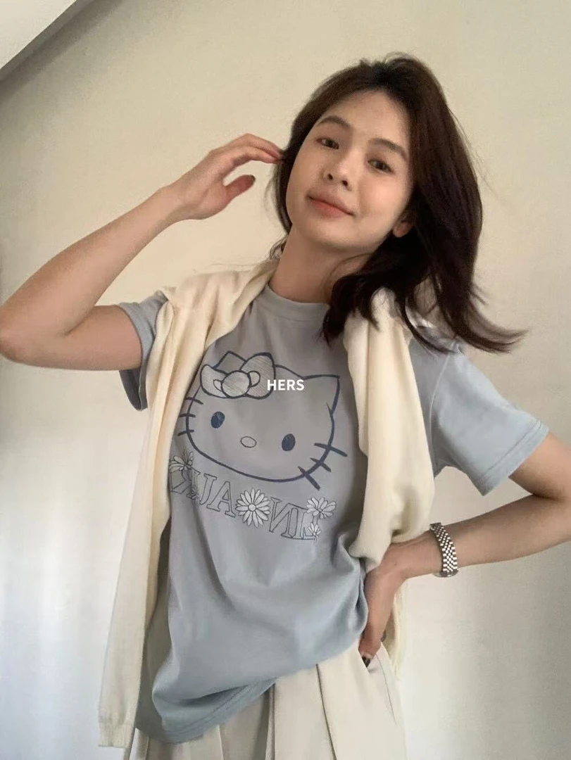 hers@20656 韩系日常休闲卡通kitty猫宽松短袖T