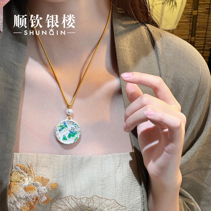 顺钦银楼 吊坠足银珐琅 【高山流水吊坠】足银999.9双面风景画吊坠