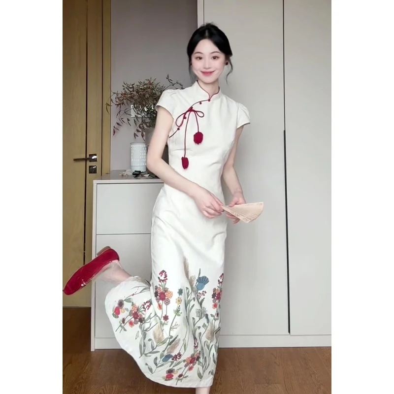 MARIE.COCO 新中式改良郁金香印花旗袍连衣裙女绝美优雅国风长裙