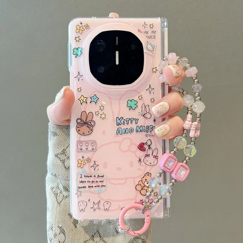 适用华为mateX6折叠屏手机壳少女心粉色米菲兔头套Kt猫MateX5链条