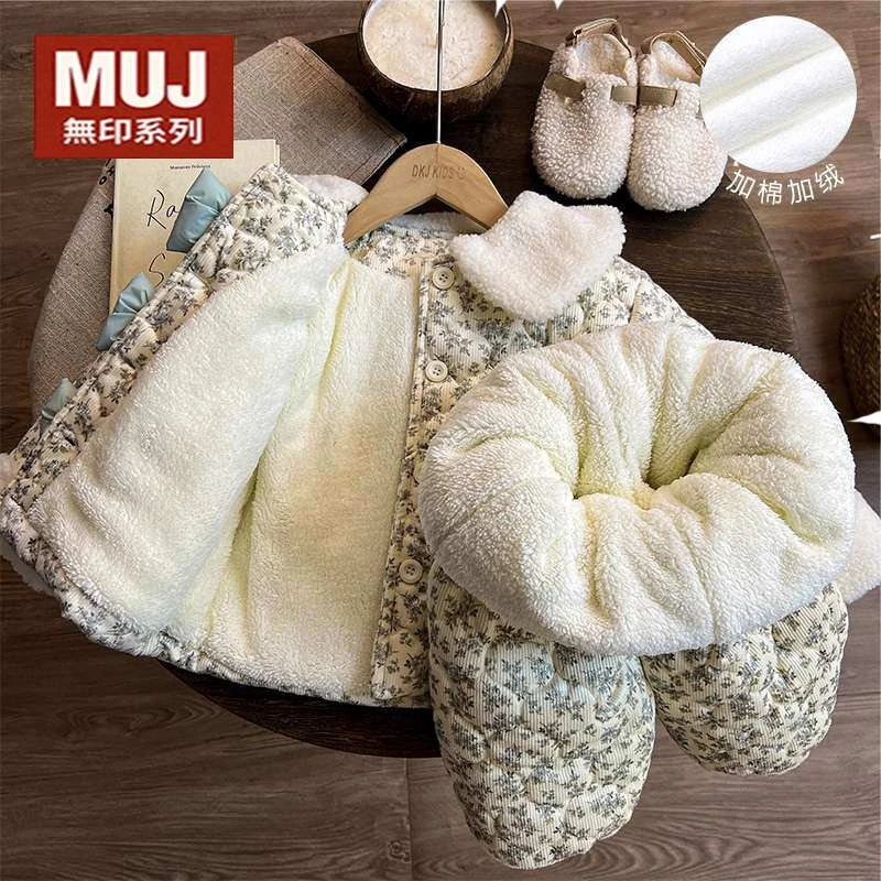 日本无印muj女童睡衣冬季加厚儿童加绒家居服婴儿女宝宝三层夹棉