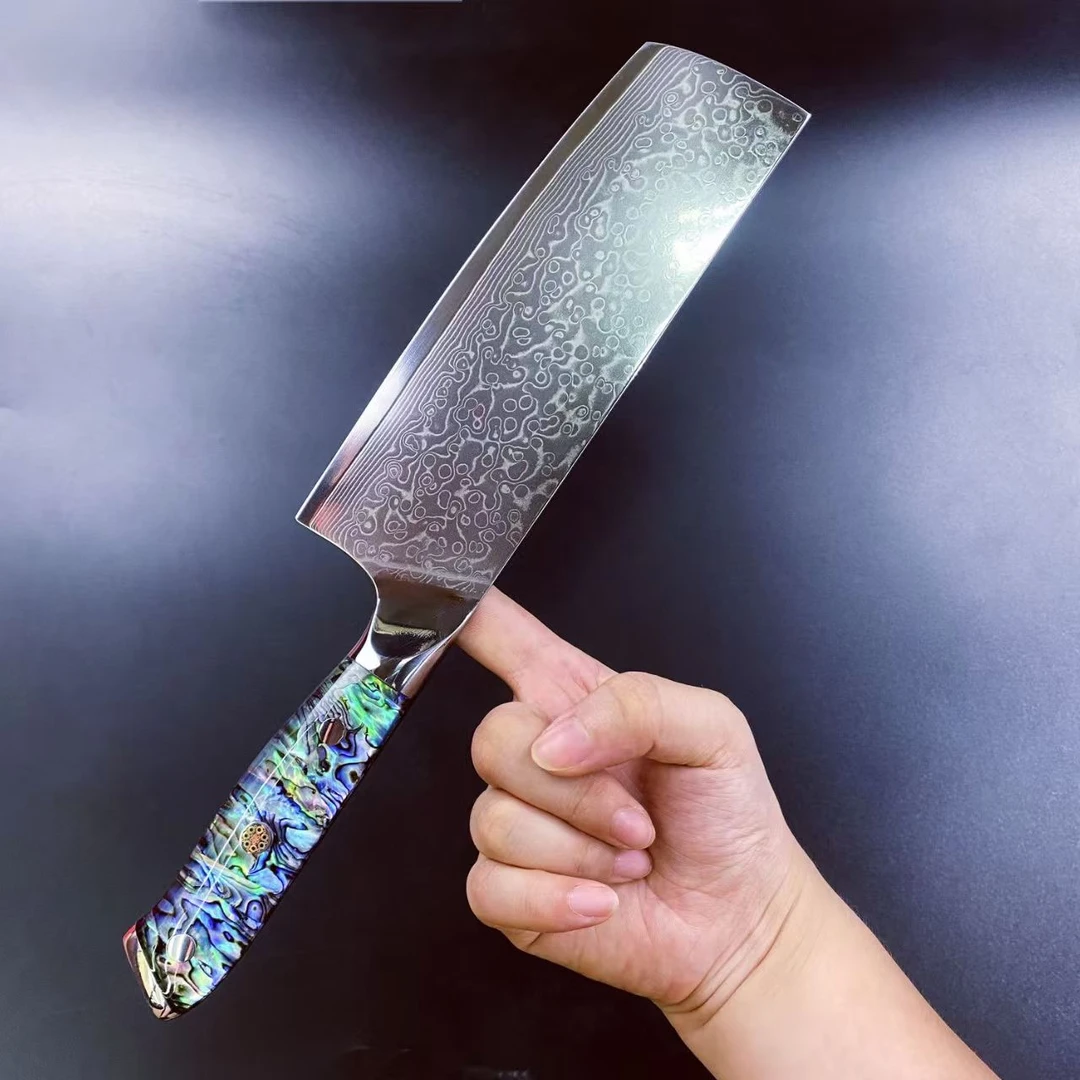 67层大马士革高碳钢芯雨点纹日式小菜切进口贝壳树脂柄60±2HRC