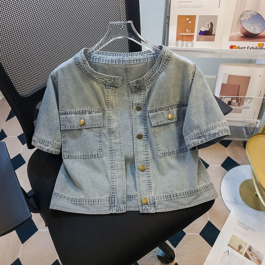 法式复古圆领牛仔外套女短款2025夏季薄款宽松气质短袖夹克上衣潮