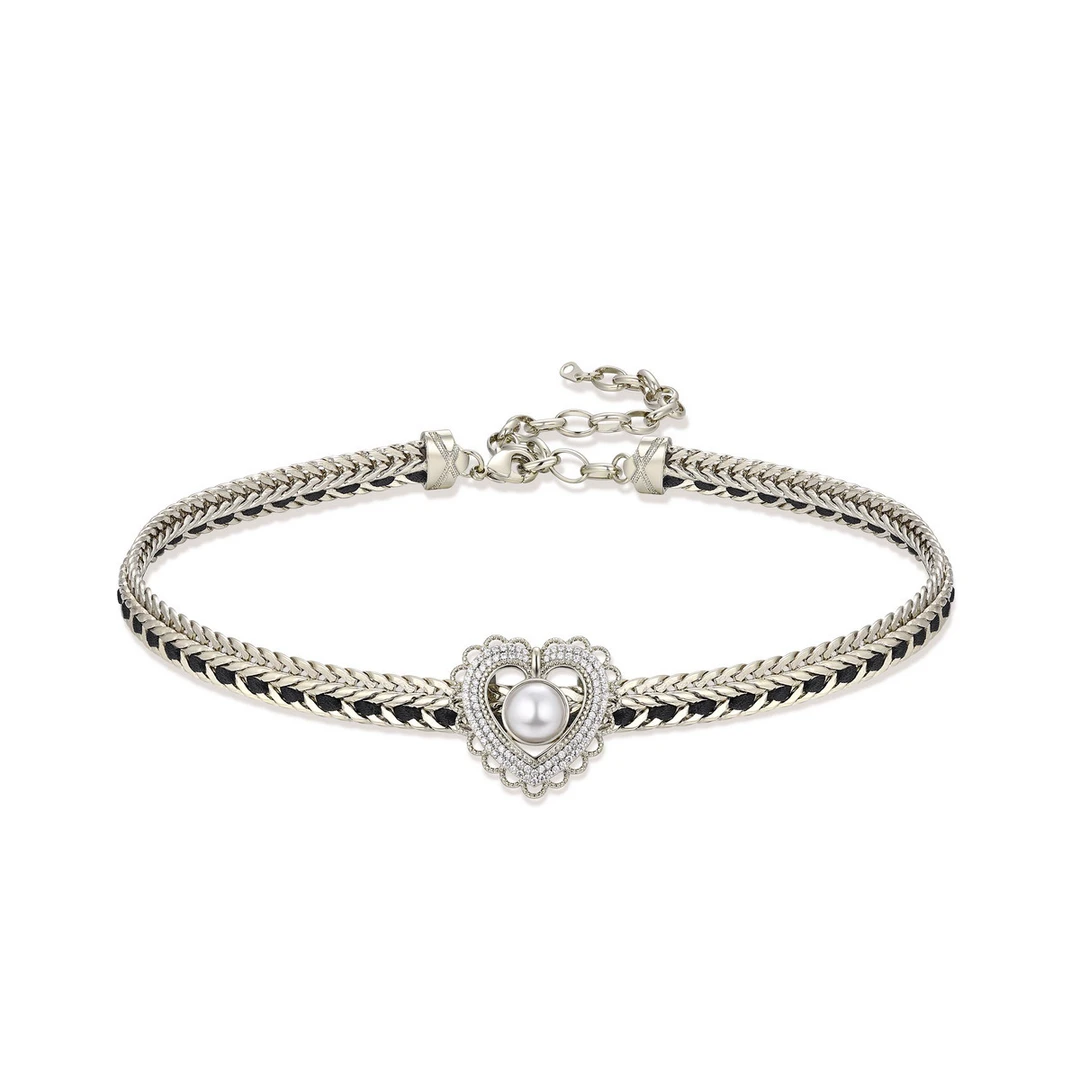 铜合金项链 Tongse轻奢重工《一轮心动》金色爱心编织锁骨链项链