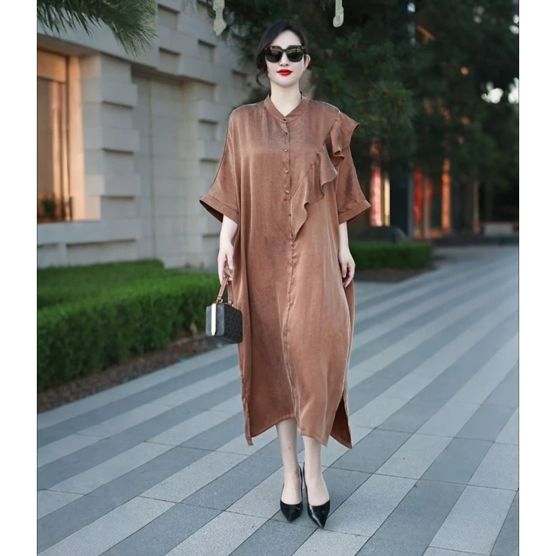 624夏季新款时尚气质显瘦连衣裙高级感铜氨丝设计款加肥大版长裙