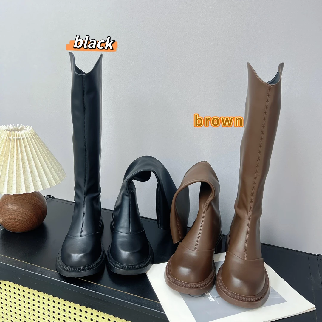 胖妹妹弹力骑士靴女平跟2025秋冬季百搭高筒靴显瘦薄底长筒靴