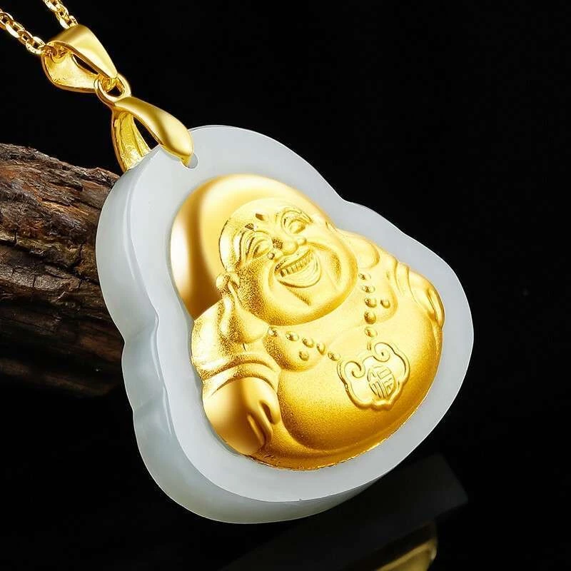 （秋燕推荐）黄金 真金和田玉弥勒佛佛公吊坠