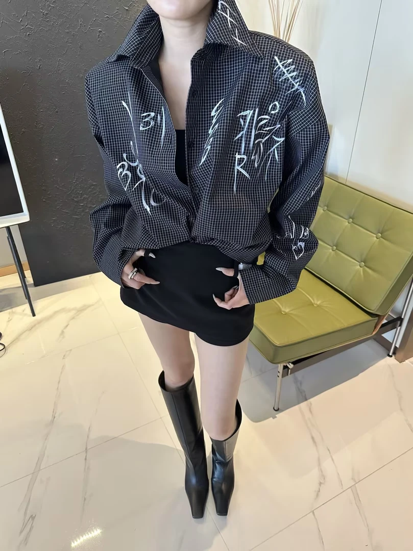 KIOKWANG//手绘涂鸦印花 翻领长袖宽松垫肩格子短款衬衫外套