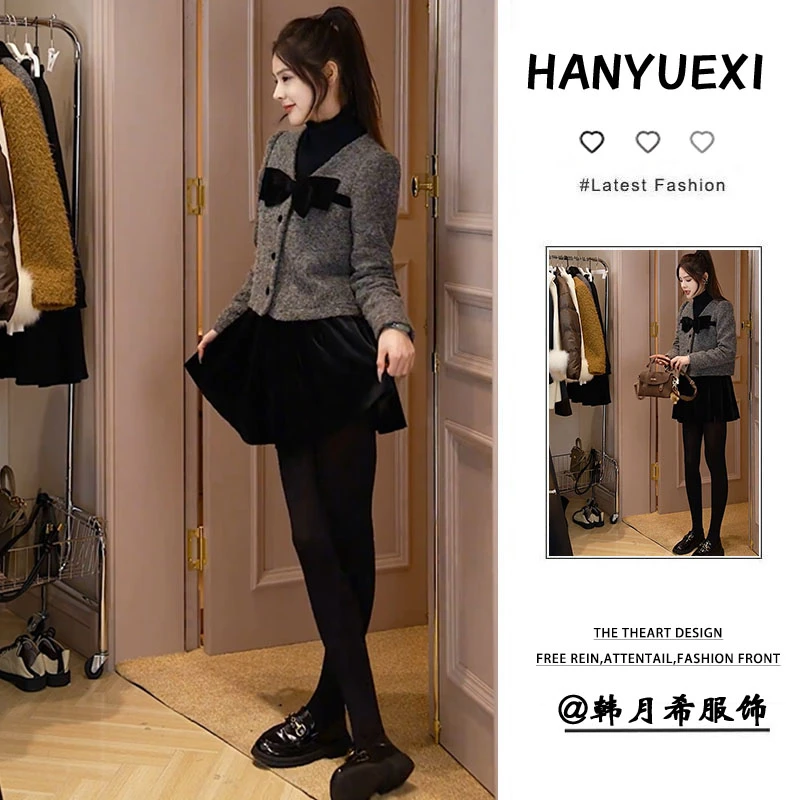 春节一整套女装2025新款韩版蝴蝶结设计感外套百搭简约短裙两件套