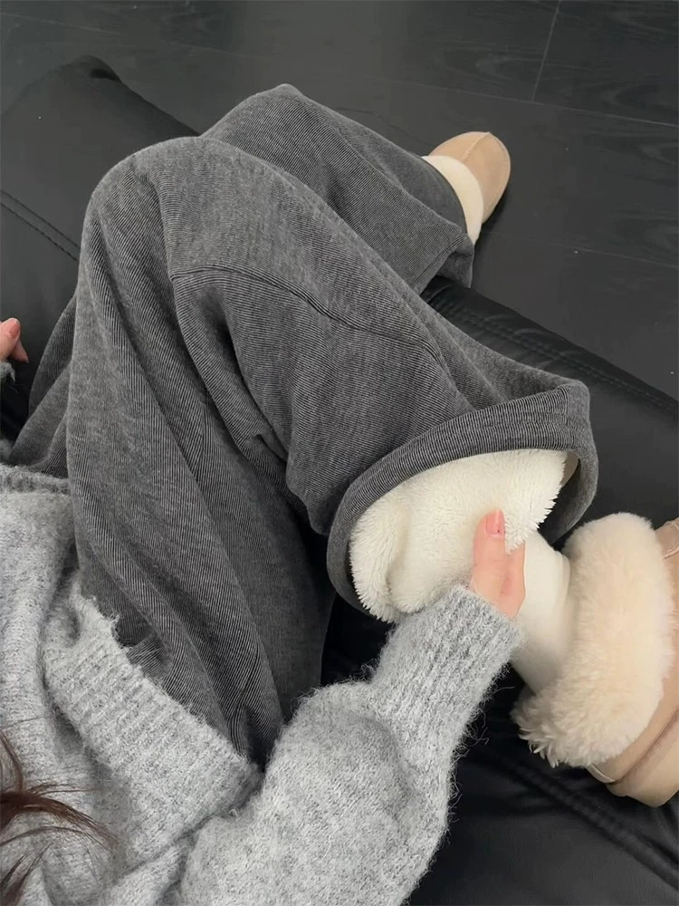 大码300斤羊羔绒糯米裤女秋冬新款加绒加厚保暖显瘦休闲阔腿裤子