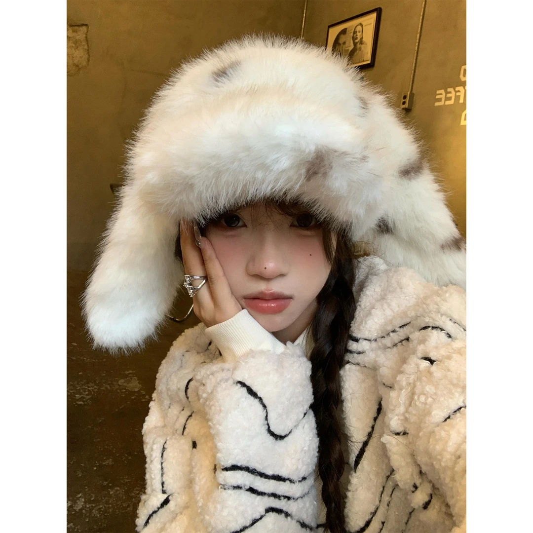 可爱兔耳朵毛绒鸭舌帽女冬季2026新款毛茸茸帽子显脸小保暖棒球帽