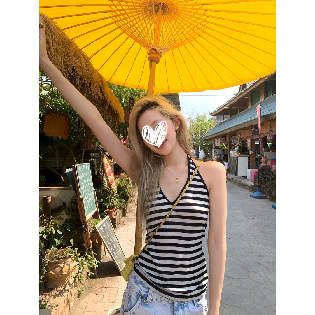 宅女同款 挂脖条纹吊带背心女夏季新款辣妹风无袖露背上衣
