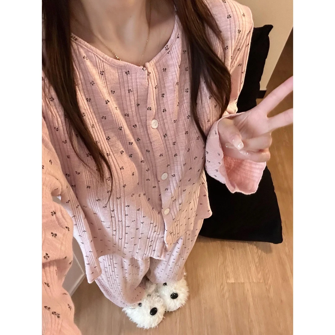 韩系甜美可爱粉色碎花棉纱睡衣春秋新款宽松休闲百搭家居服套装