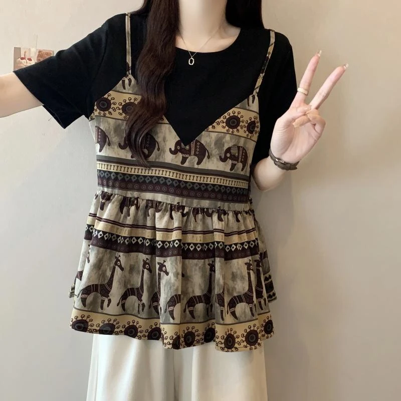 【带运补贴】大码女装2025夏季拼接小众显瘦胖mm短袖假两件短袖上衣