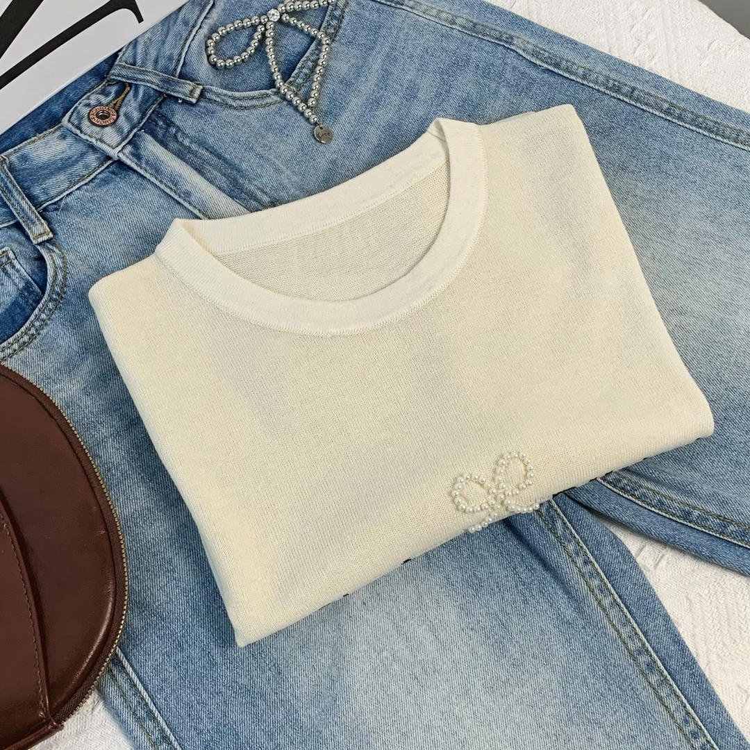 清-汤圆吖珍珠蝴蝶结款字母款针织短袖162882