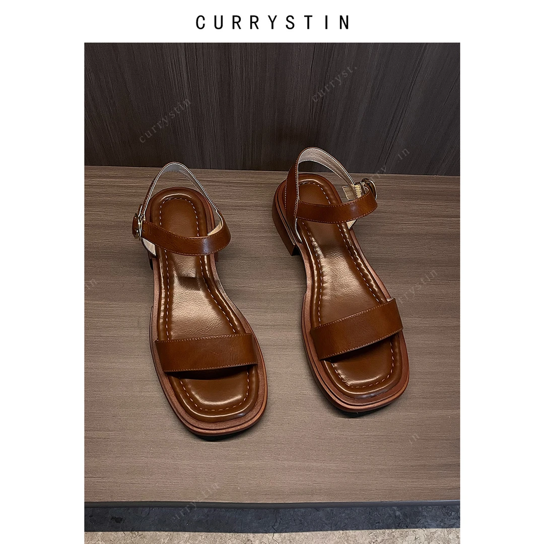 舒适软底低跟复古一字带凉鞋夏季女新款平底真皮罗马鞋大码41-43