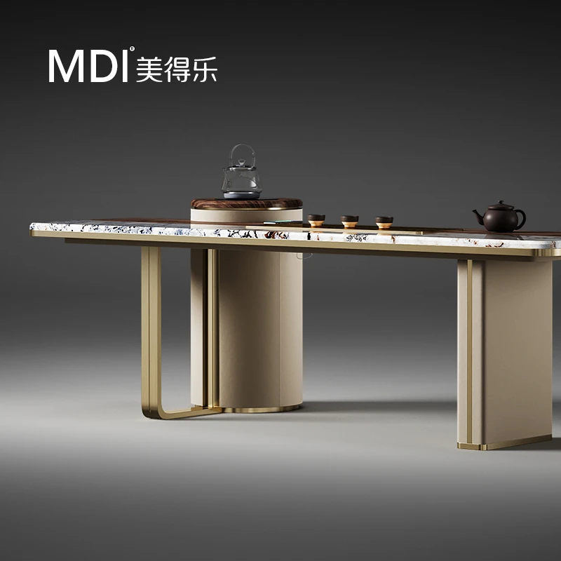 美得乐奢石茶桌天然奢石实木双拼轻奢设计师款书桌岛台茶桌