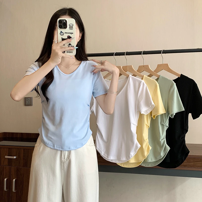 2025夏装新款胖mm大码女简约百搭纯色褶皱遮肚弧形短袖T恤A1215