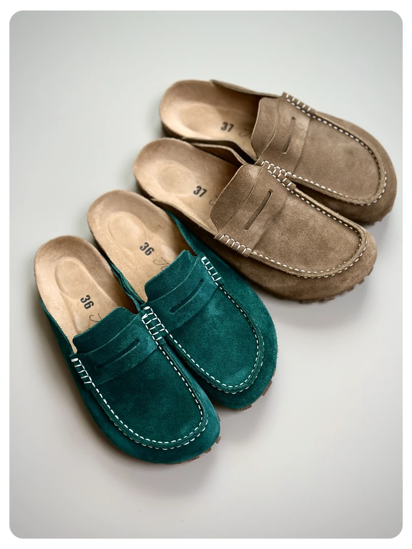 JGDU意大利进口三边植鞣真软木脚床便士乐福女款包头博肯穆勒半拖