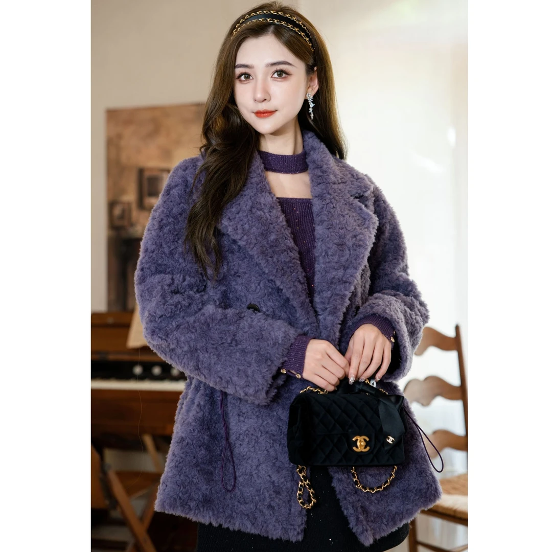 COCO BECCI【紫罗兰大衣】100绵羊毛收腰颗粒毛保暖外套CFJJD200324