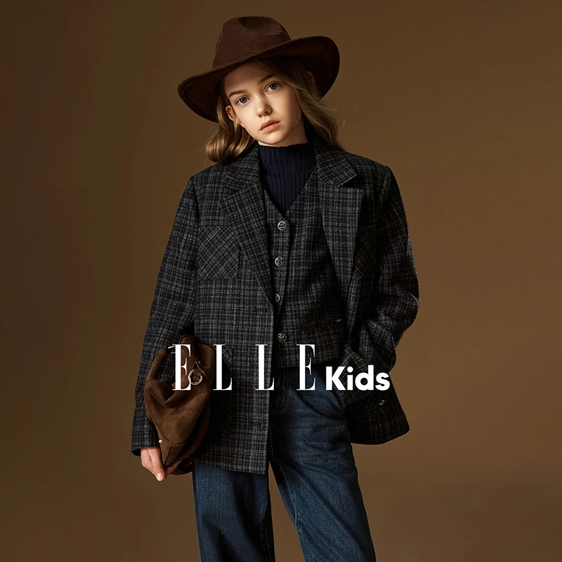 ELLE KIDS 老钱复古西装外套女儿童秋冬新款经典格纹优雅上衣D3