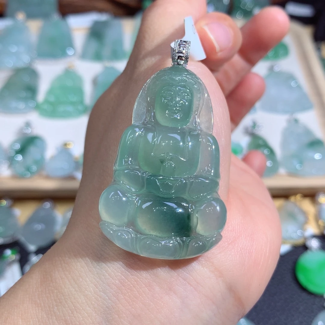翡翠18K金镶嵌吊坠(不含链)缅甸玉观音