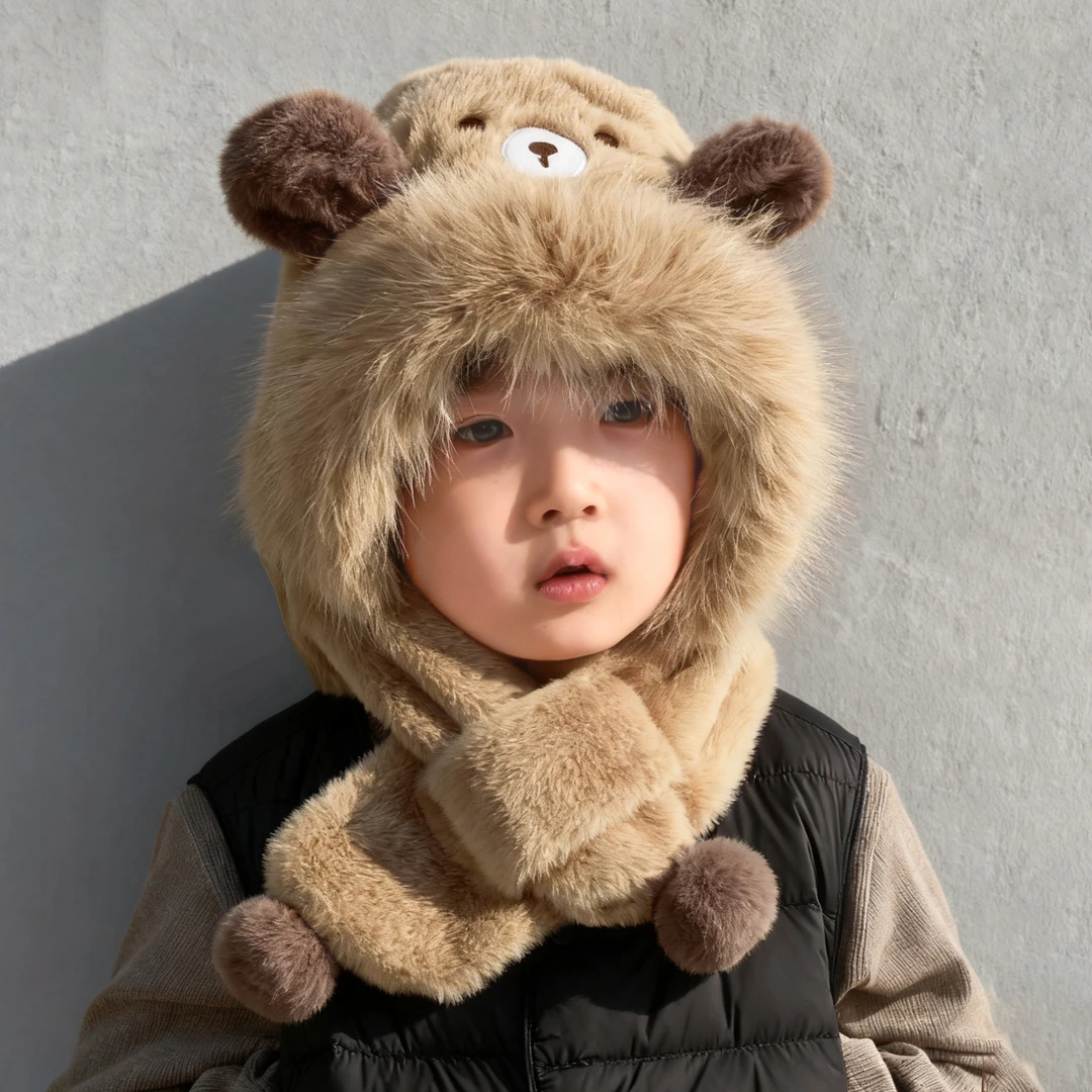 儿童帽子男孩围巾一体套头帽冬季男童保暖护耳帽加绒加厚防风防寒