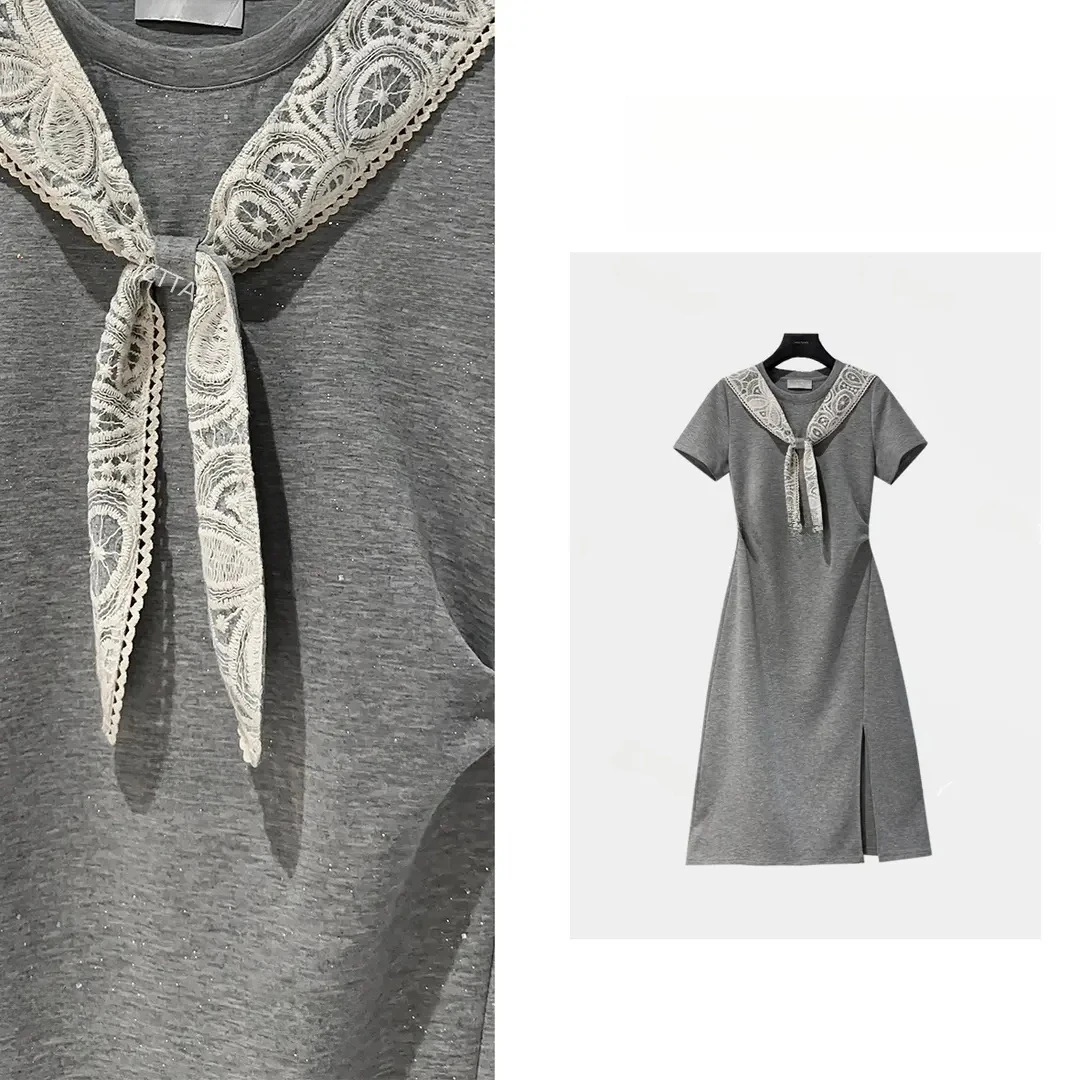 夏季连衣裙夏中长裙法式短袖斜襟拼接