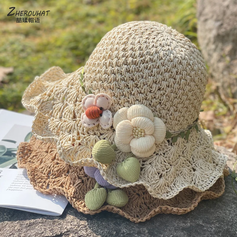 蜜蜂花朵草帽女夏天户外海边度假旅游遮阳沙滩帽镂空大檐渔夫帽子