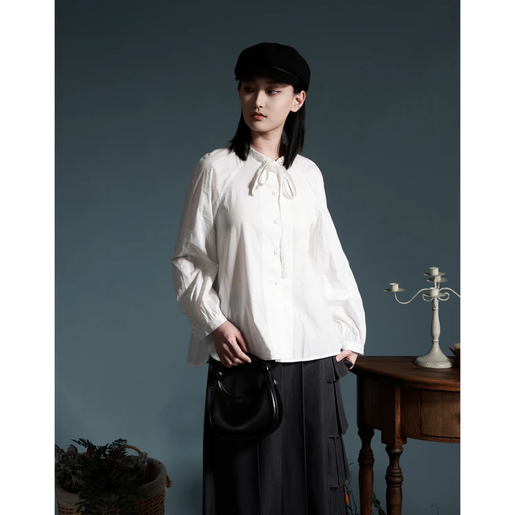 西町村屋文艺简约系带衬衫女春季新款休闲百搭长袖衬衣XHAA10147