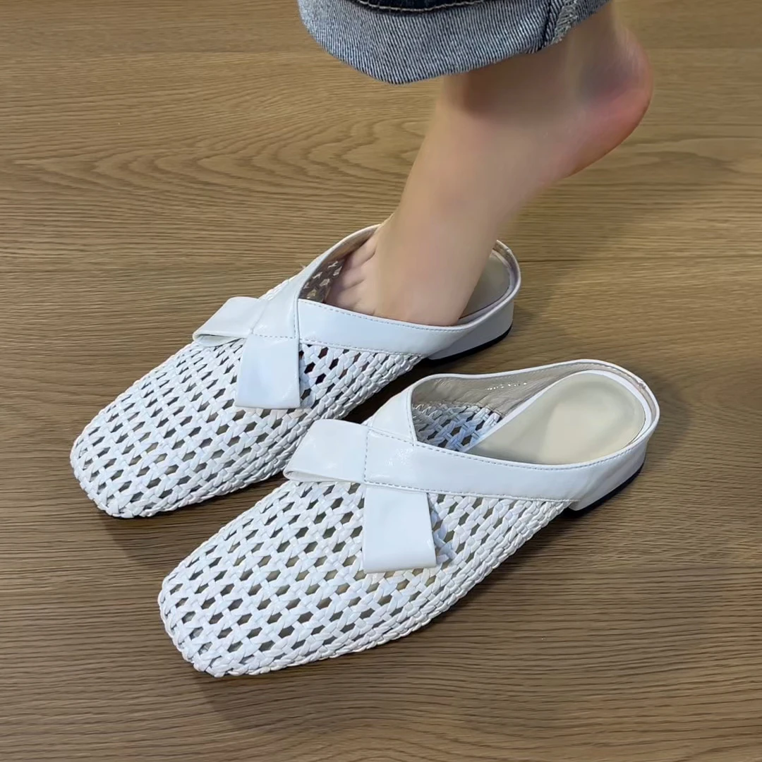 拖鞋2025年新款编织透气包头半拖鞋女夏季外穿编织镂空时尚拖鞋