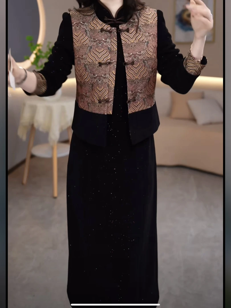 马甲+连衣裙2025春季复古时尚洋气显瘦气质套装连衣裙M-4XL