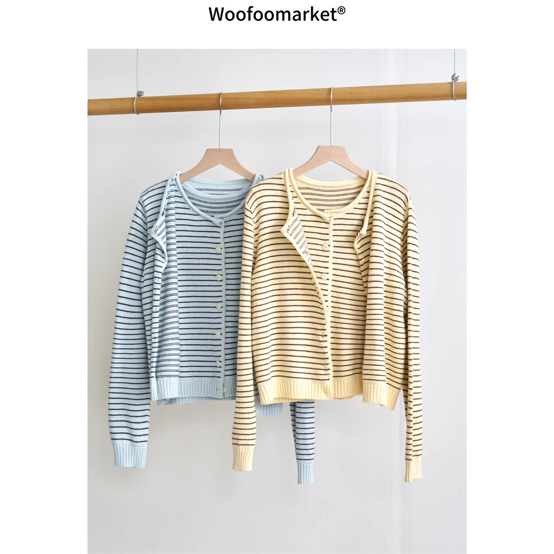 【海街日集】条纹撞色无袖针织衫+长袖毛衣外套女秋季 AWMY049