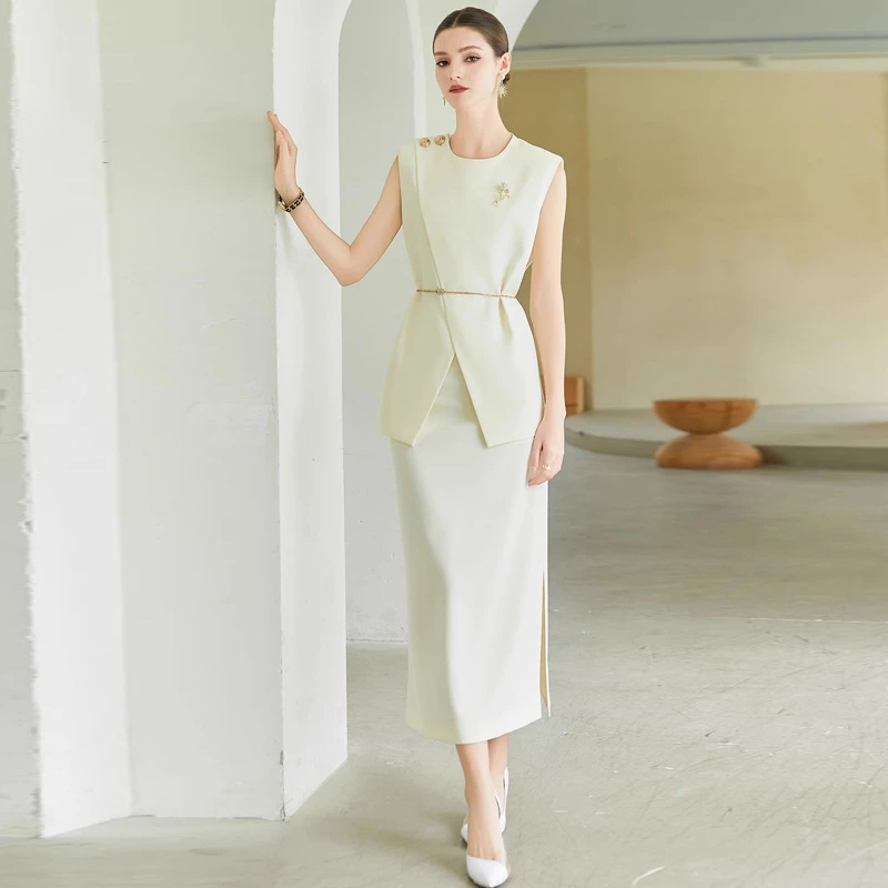 AD浅色职业装气质女神范西装套裙女无袖外套高级感盐系轻熟两件套