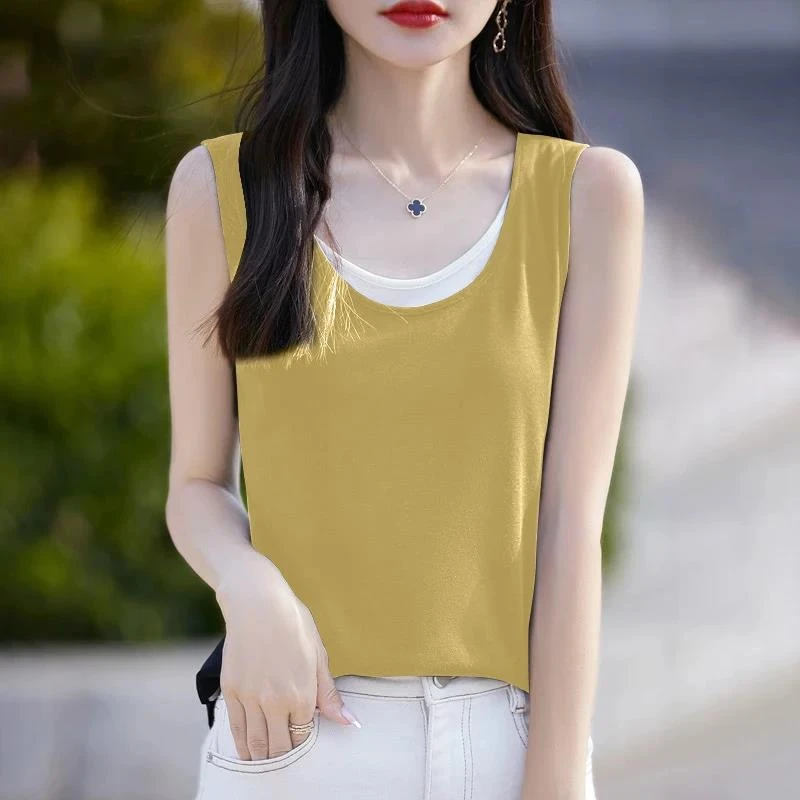 La Chapelle春夏季大码假两件撞色吊带背心女设计感外穿显瘦百搭