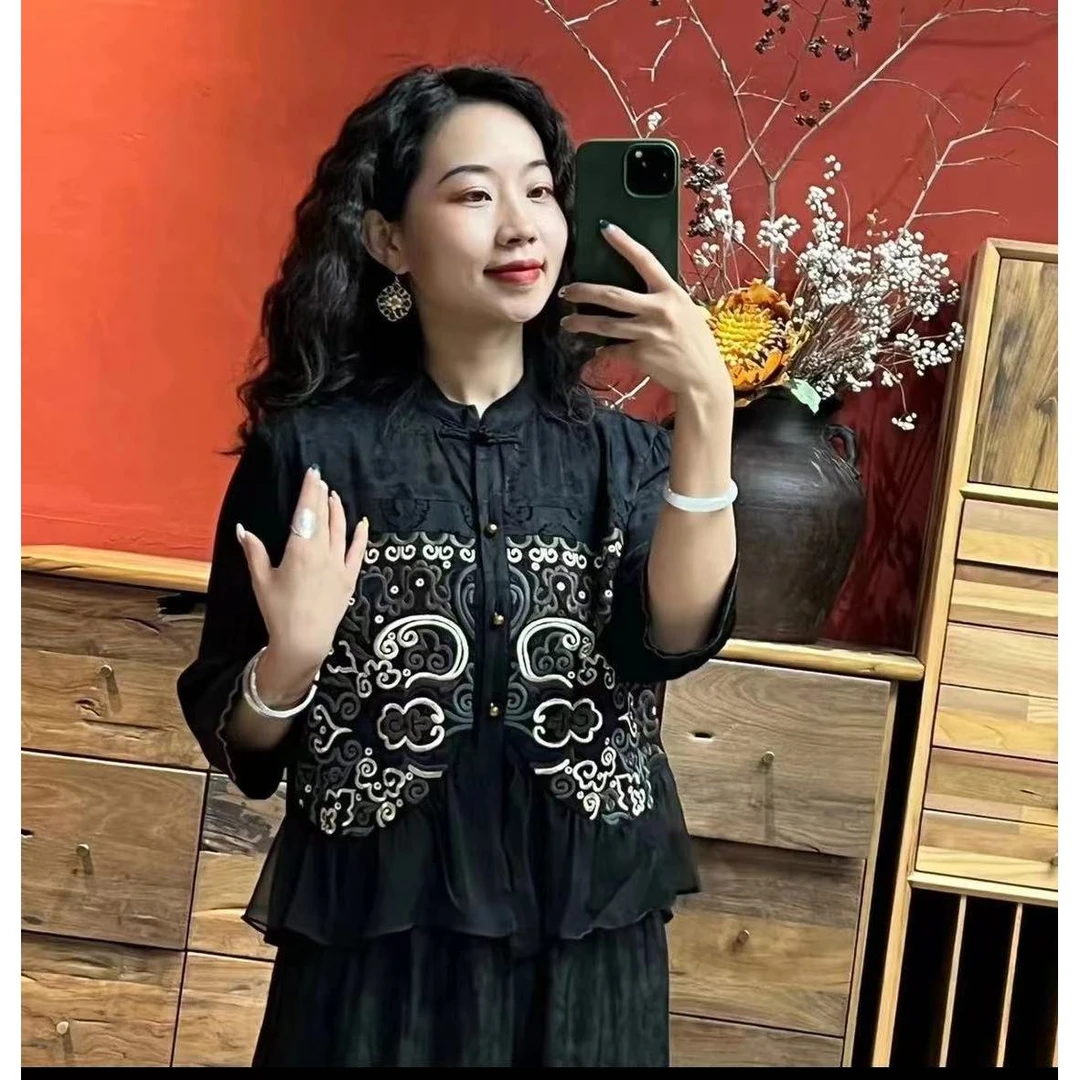 羊在在民族风重工刺绣春夏棉麻盘口小衫衬衫SY385-2