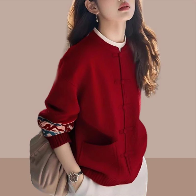 新年战袍气质针织衫女2025年春秋季新款国风红色上衣慵懒风毛衣潮