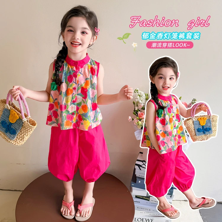 女童套装洋气甜美儿童夏季新款宝宝无袖娃娃衫灯笼裤两件套小女孩