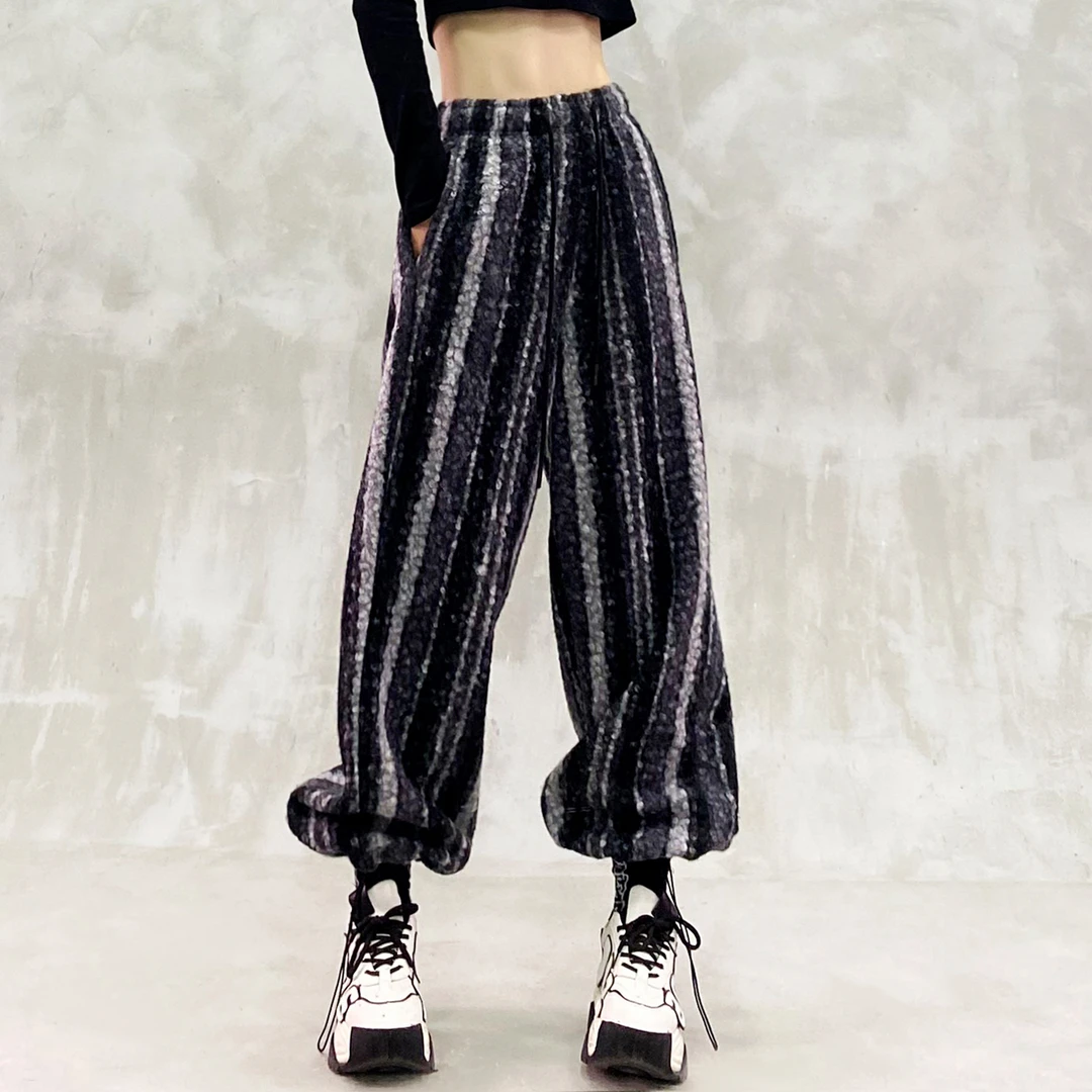 个性拼色条纹设计加厚休闲裤女冬新款高腰宽松显瘦百搭束脚休闲裤