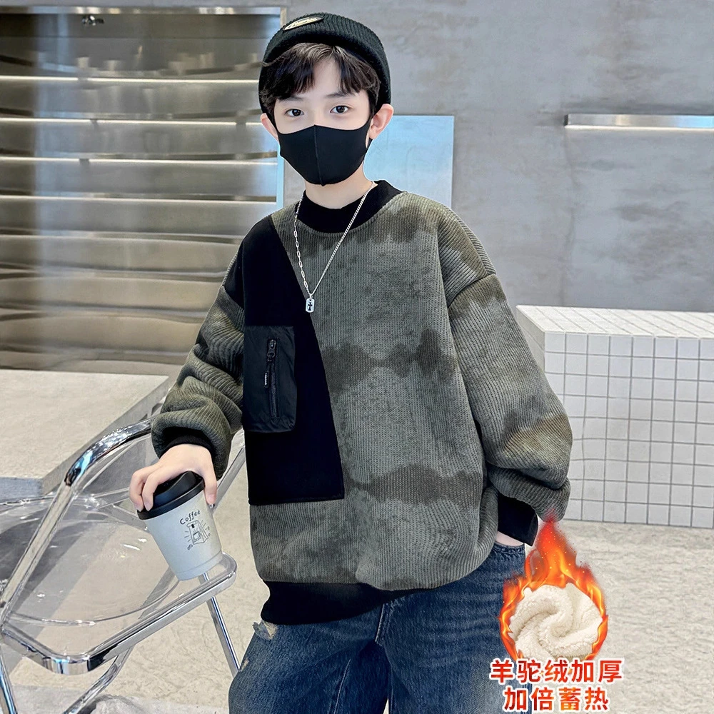 儿童装男童一体加绒卫衣秋冬款2025新款中大童冬季上衣男孩加厚潮