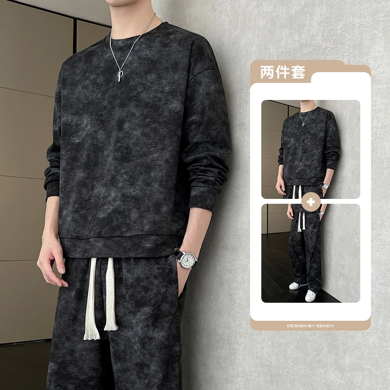 稻草人新款春秋季男士时尚套装卫衣休闲百搭帅气圆领提花长袖套头