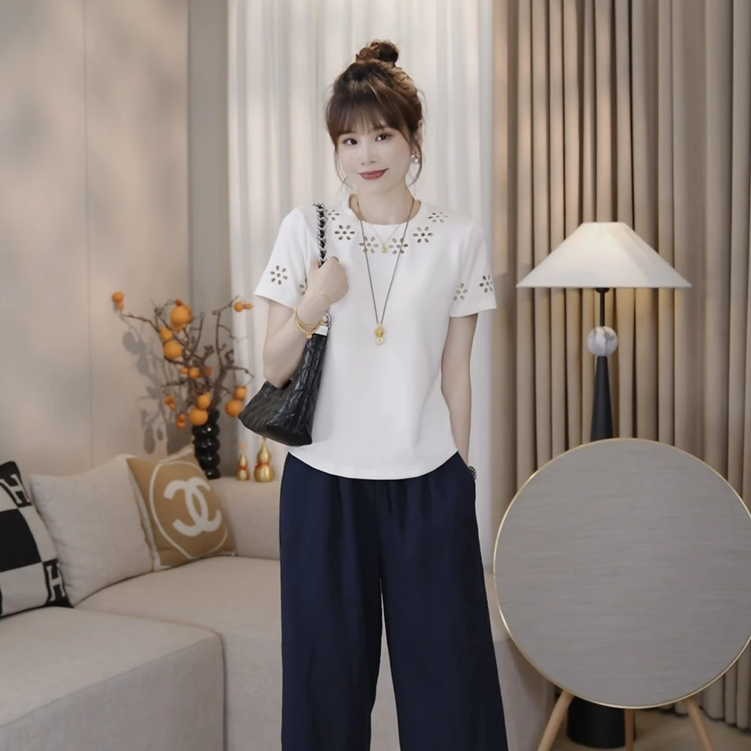 LMENY繁花叠梦～圆领时尚镂空花朵小众减龄T恤25BT047