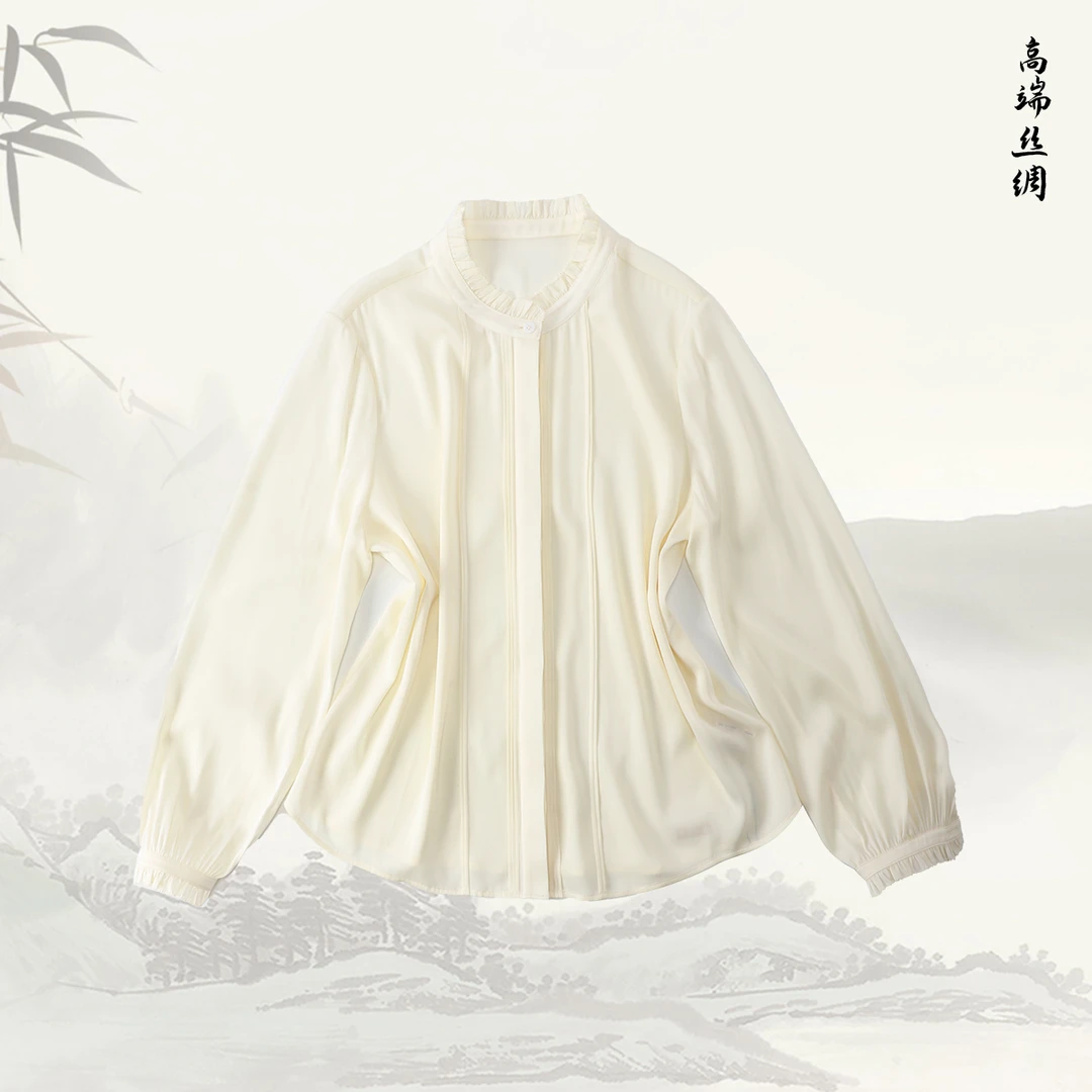 【 白檀 】品牌新款法式花边木耳立领简约长袖衬衫516115