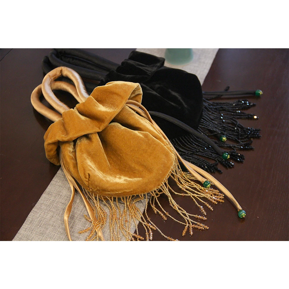 【洛姝】新中式纯色百搭丝绒流苏设计款抽绳女士手提包