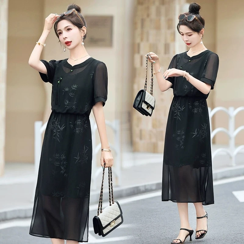 L720夏季时尚印花国风假两件连衣裙DM4