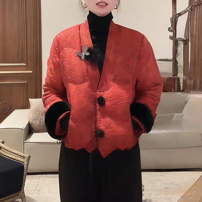 新中式复古风提花纹棉服2026冬季新款毛绒袖口盘扣装饰国风雅致