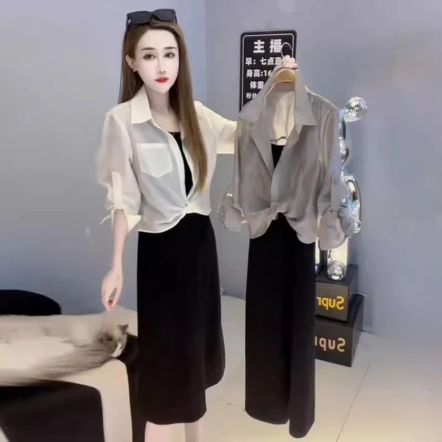 韩系小个子时尚爆款套装女夏季新款长袖防晒开衫吊带连衣裙两件套