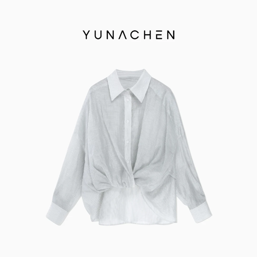 菠萝宝宝yuna【雾灰扭结雕塑衫】亚麻莱赛尔桑蚕丝长袖衬衫YH23